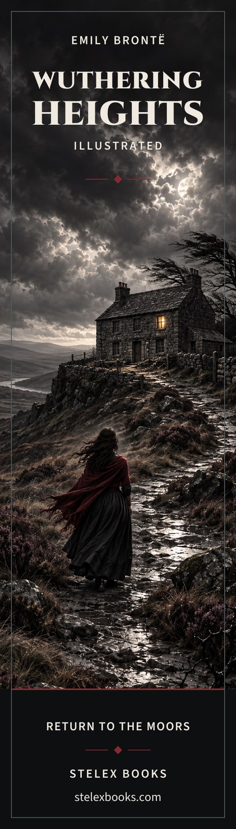 Front of the printable Gothic bookmark, with a woman in a crimson shawl approaching a moonlit stone house and the Wuthering Heights title.