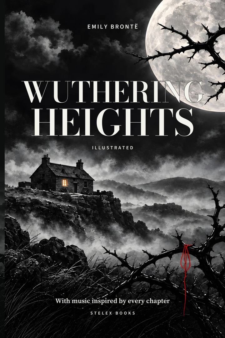 Front-cover design of the STELEX Wuthering Heights paperback: bold lettering, thorn branches, moonlight and a stone house.