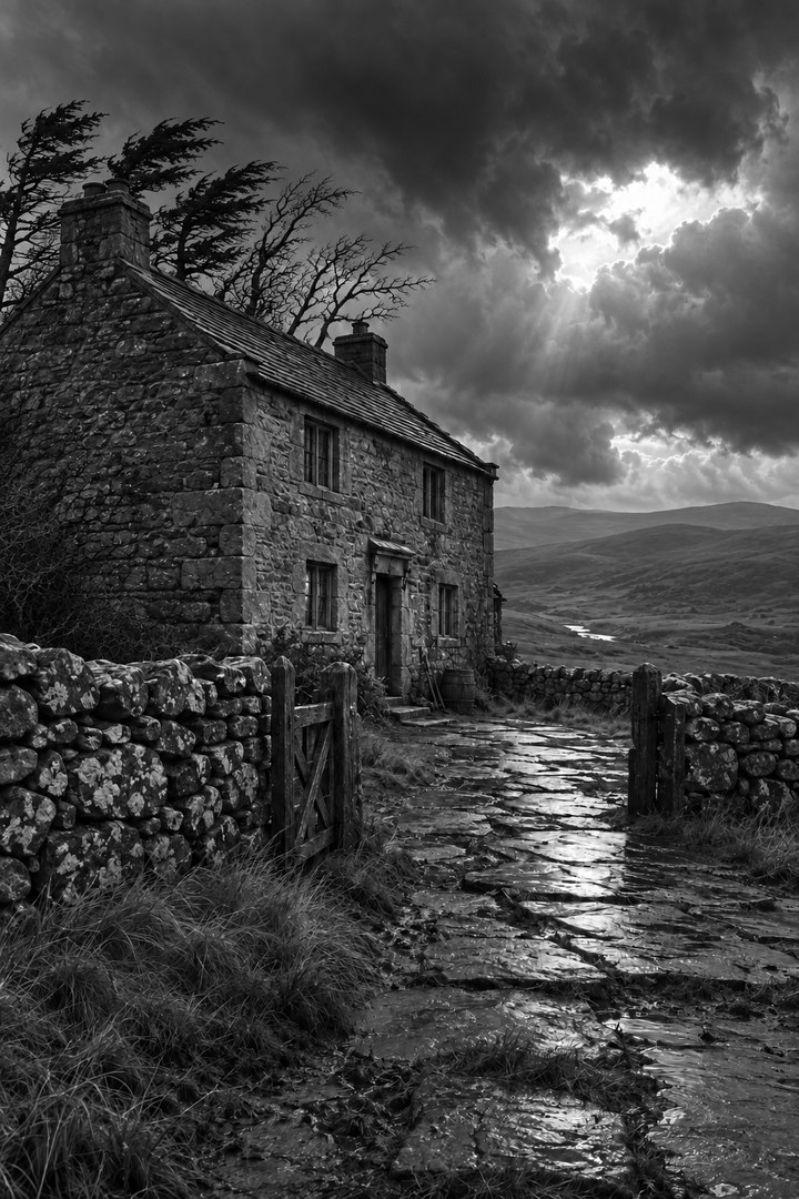 Original monochrome illustration of Wuthering Heights with trees bent by the wind.