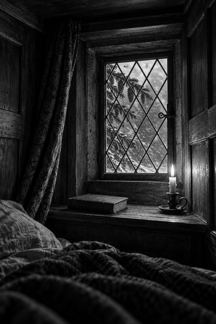 Original monochrome illustration of a lattice window enclosed within an oak bed, with a fir branch outside.